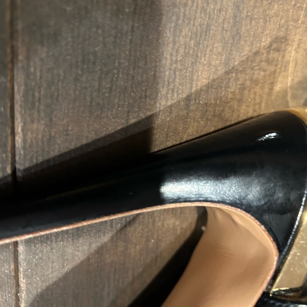 Salvatore Ferragamo Black and Gold Patent Leather Heels - Picture 3 of 6
